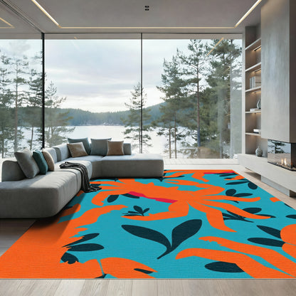 Bold Orange Crab Teal Foliage Rug