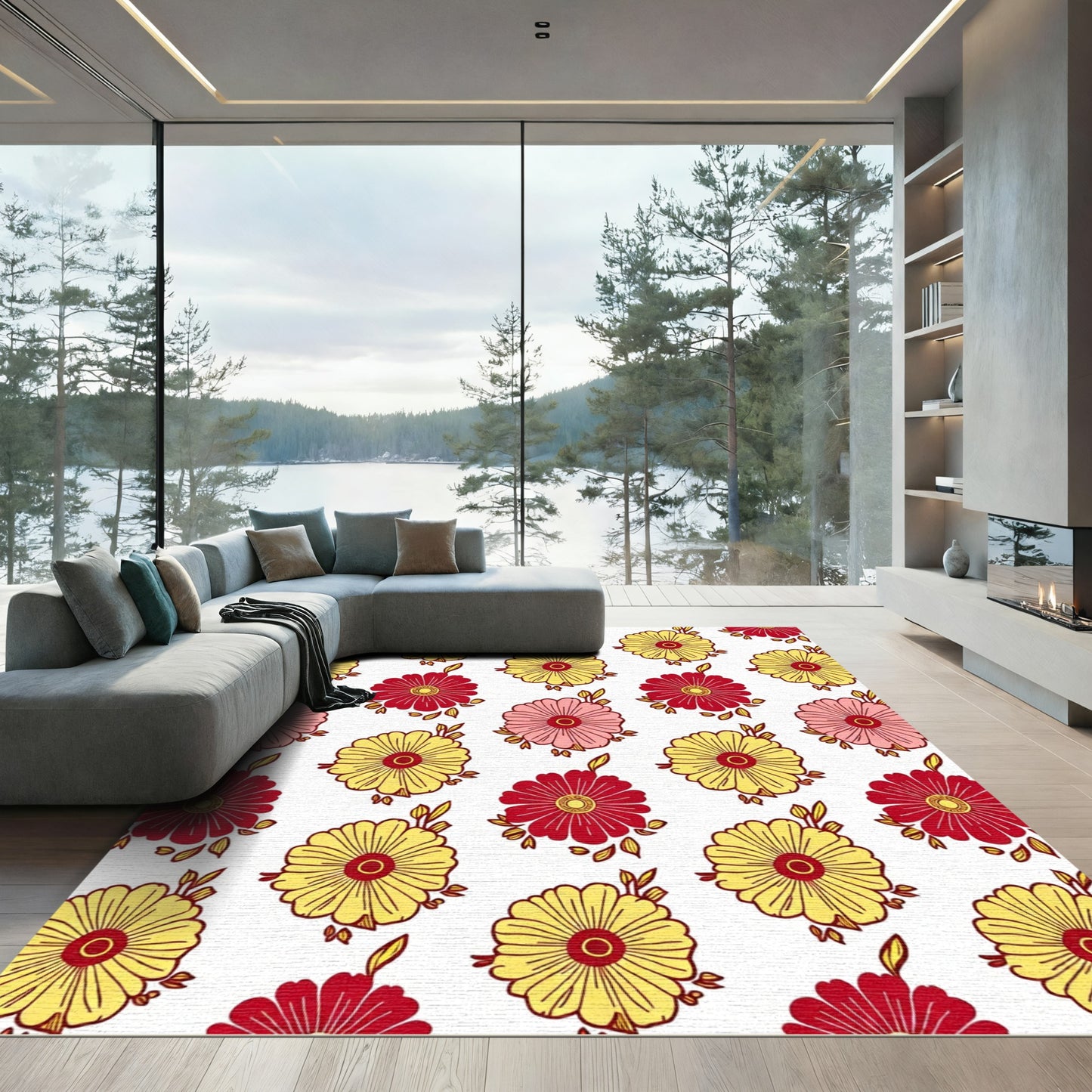 Red Yellow Floral Petal Composition Rug
