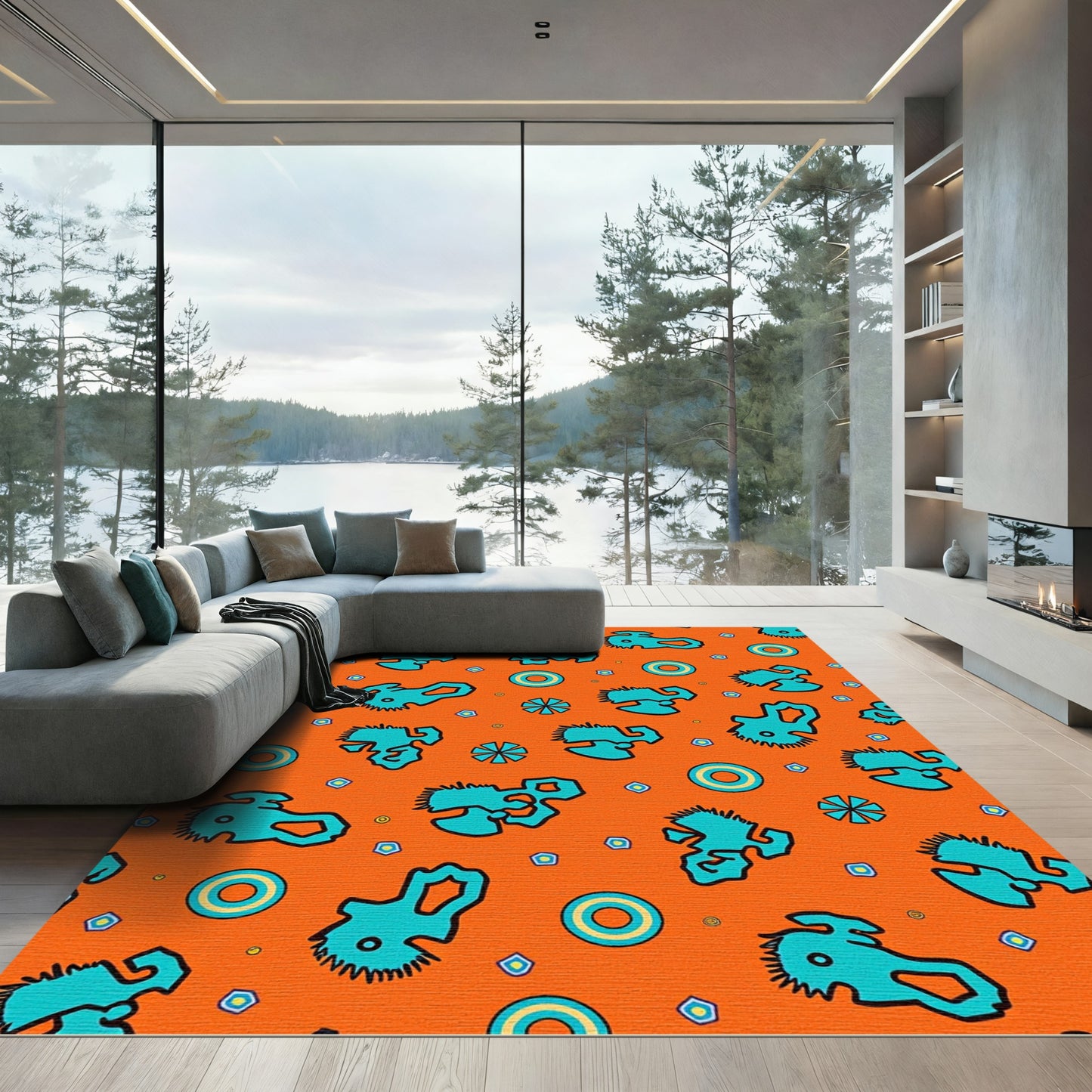 Whimsical Teal Abstract Orange Pattern Rug