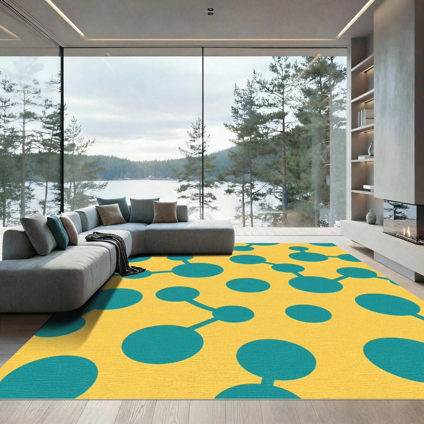 Teal Moleculae Connected Circles Yellow Rug