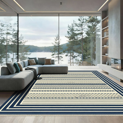 Navy Beige Geometric Stripe Border Rug