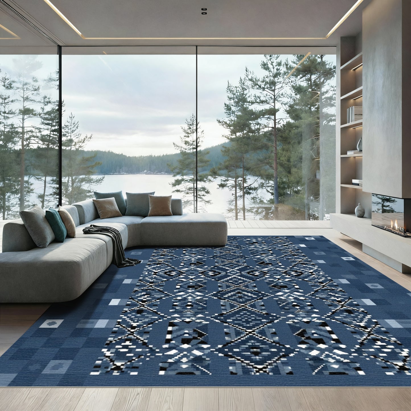 Deep Blue Pixelated Diamond Geometric Rug
