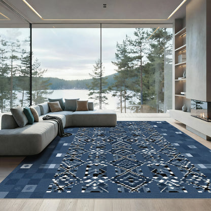 Deep Blue Pixelated Diamond Geometric Rug