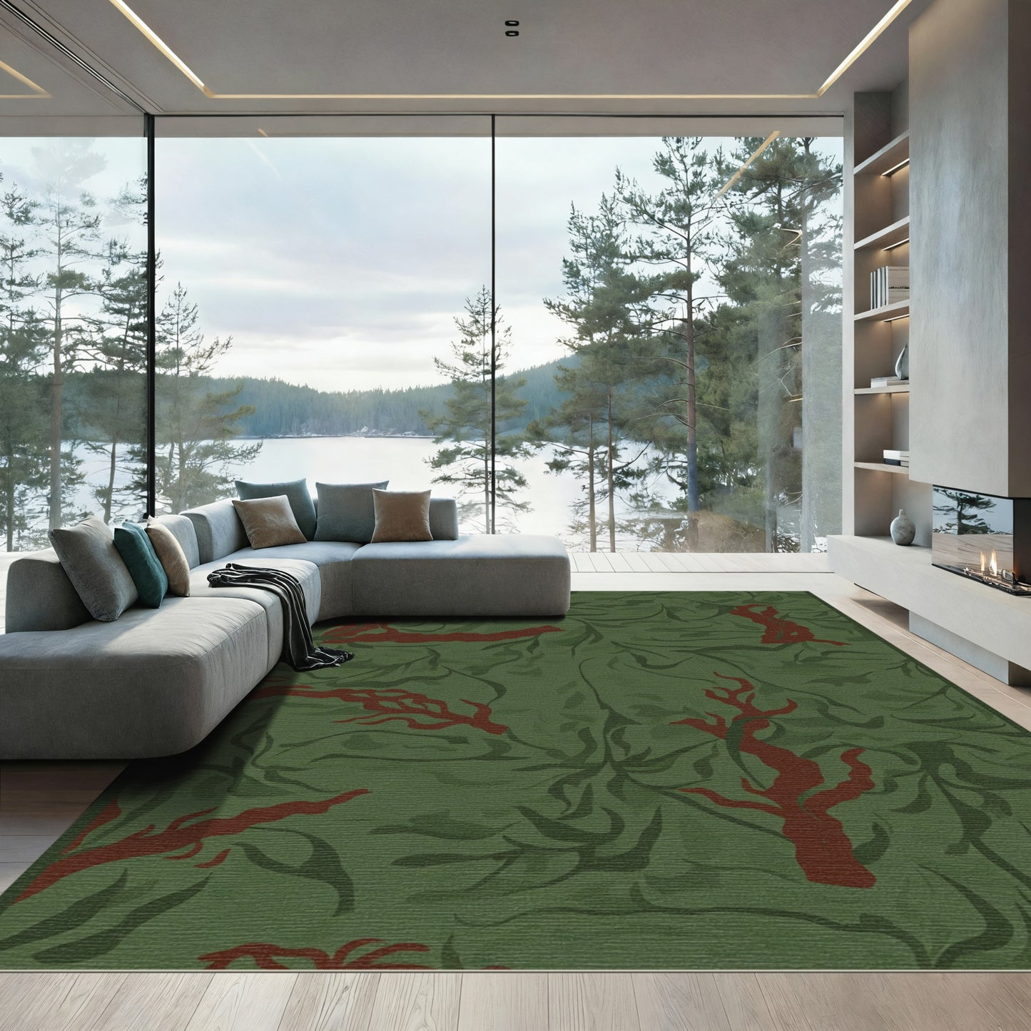 Deep Forest Red Branch Swirl Rug