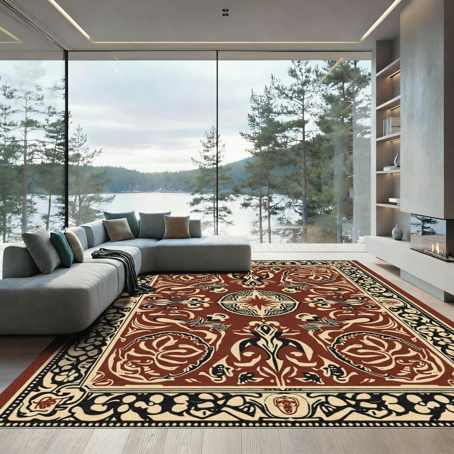 Deep Red Floral Medallion Border Rug