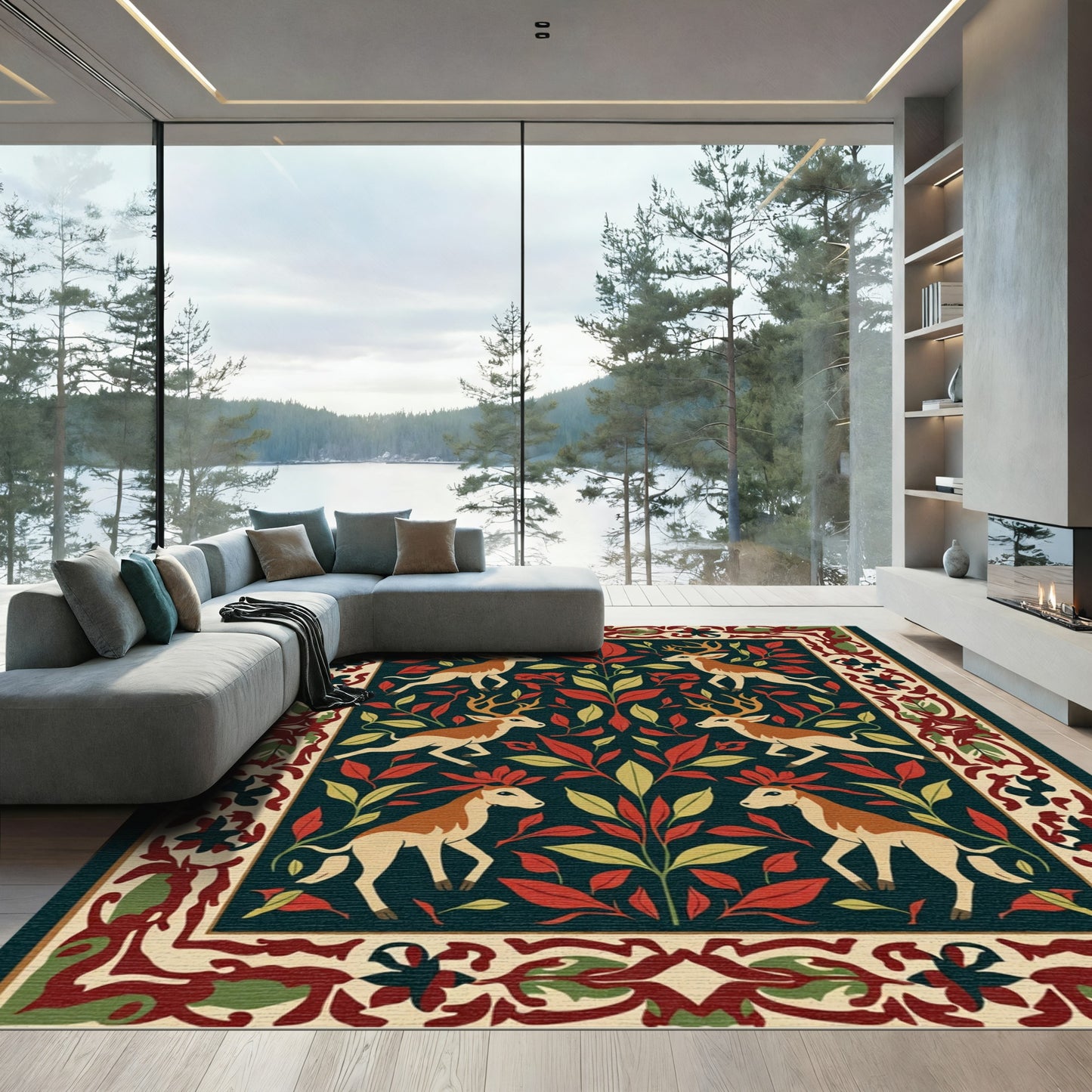 Deep Forest Deer Foliage Medallion Rug