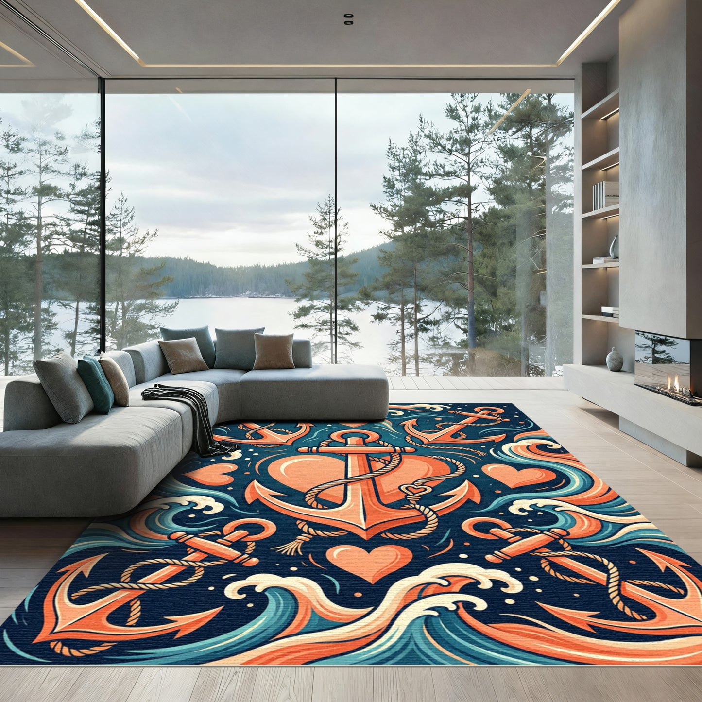 Nautical Orange Anchor Heart Waves Rug
