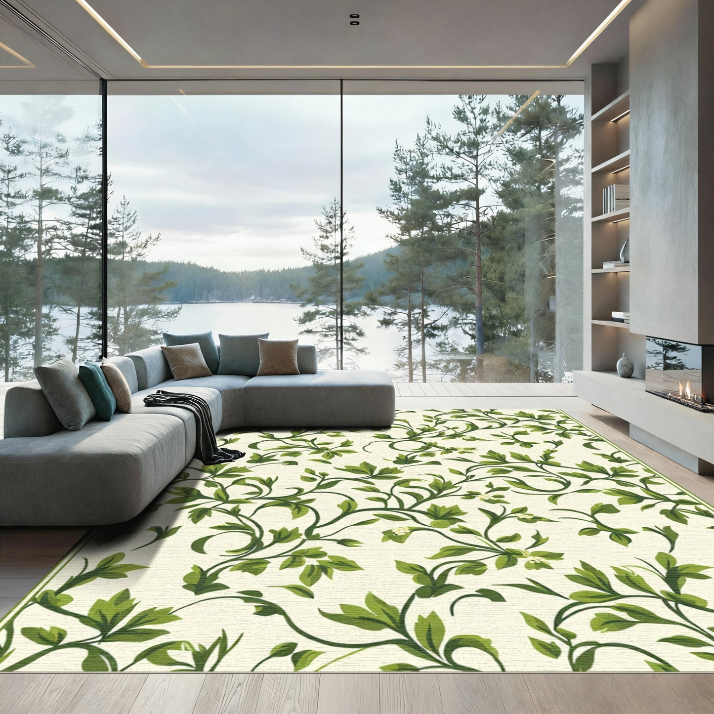 Green Leafy Vine Botanical Swirl Rug