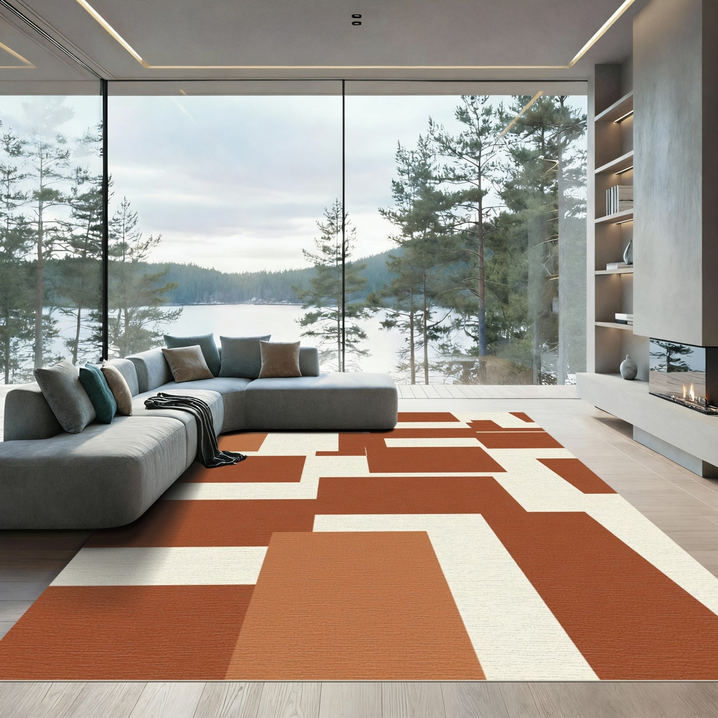 Terracotta Cream Abstract Geometric Blocks Rug