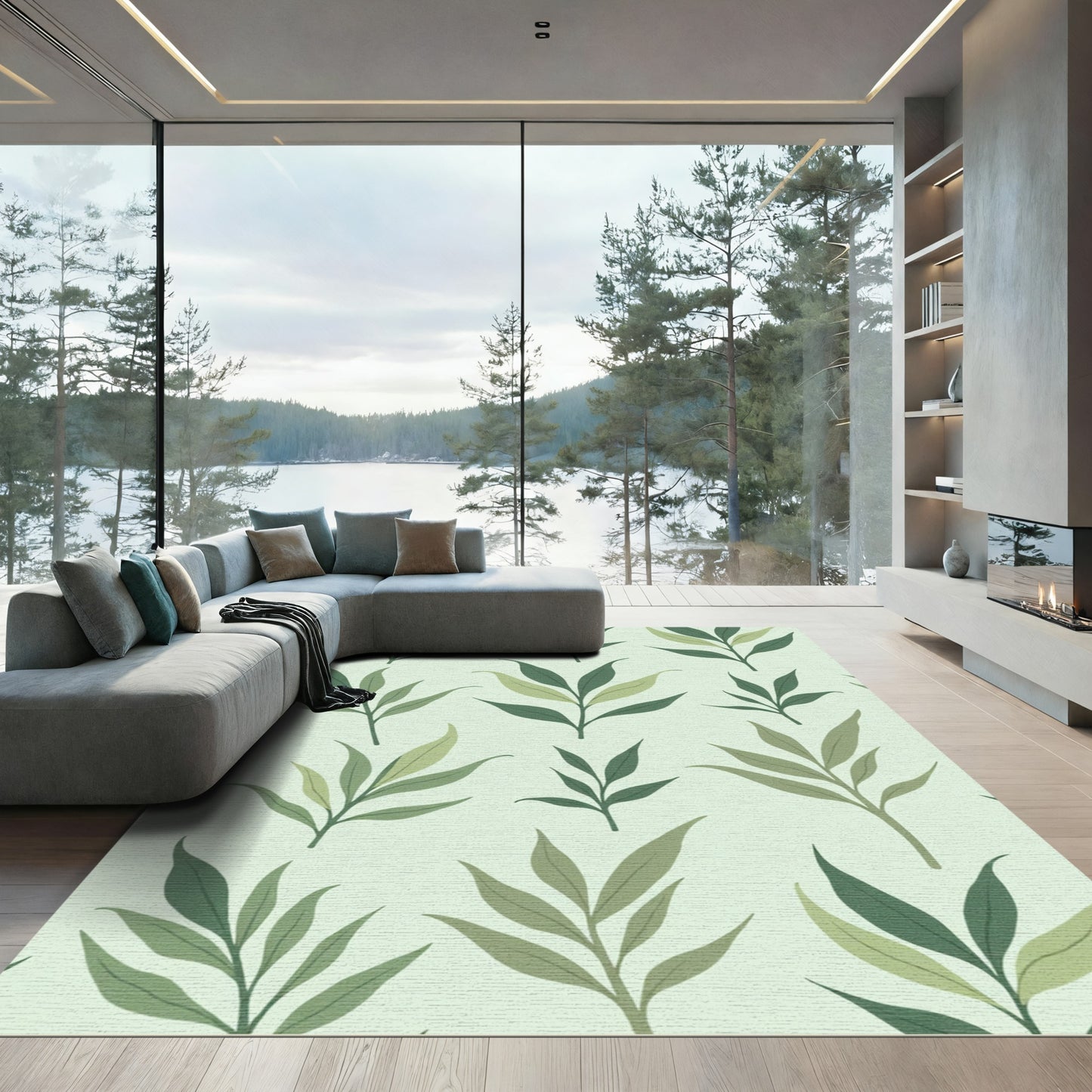 Subtle Green Leaf Tendril Arrangement Rug