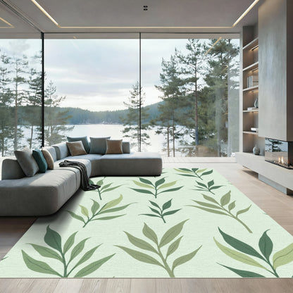 Subtle Green Leaf Tendril Arrangement Rug