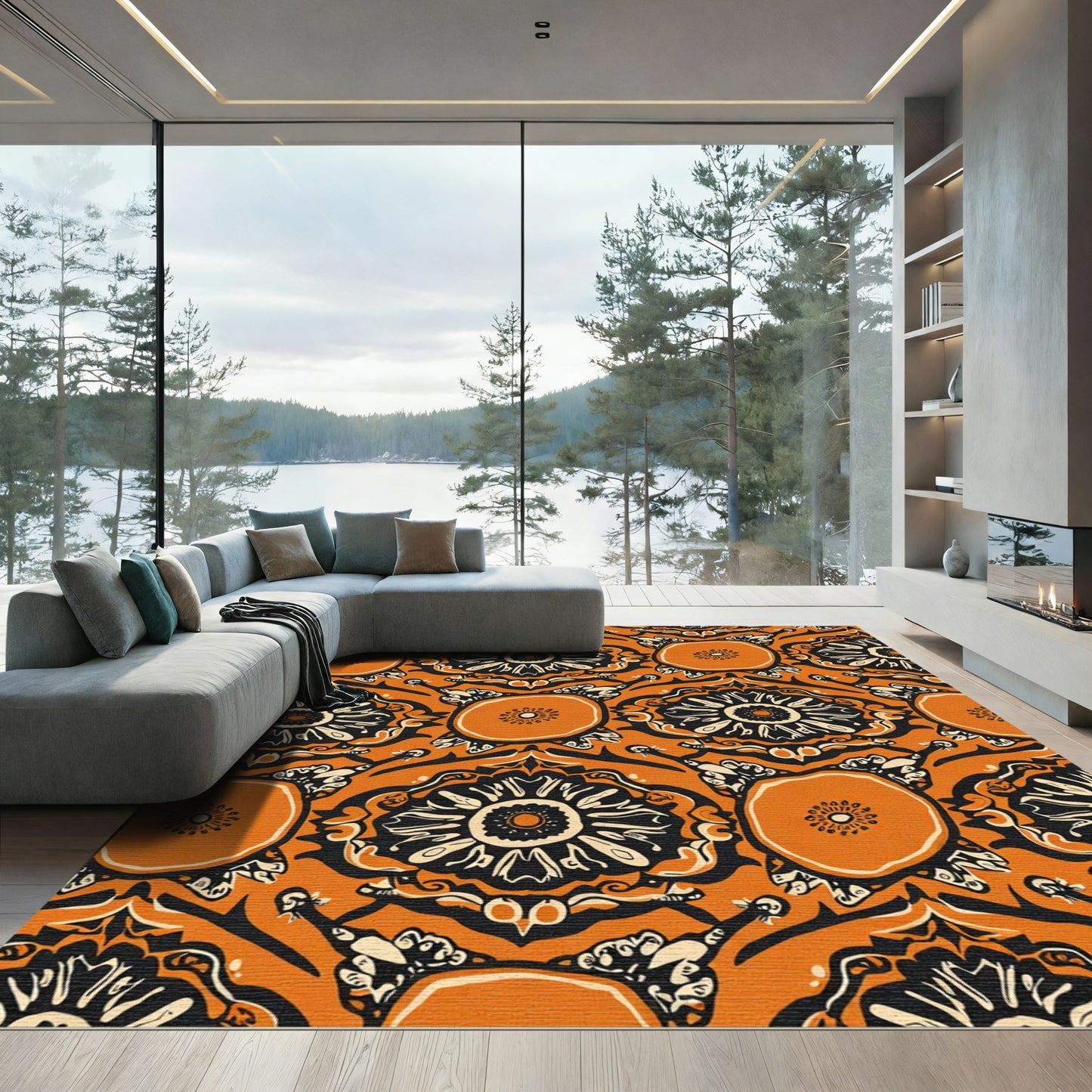 Antique Orange Black Floral medallion Rug