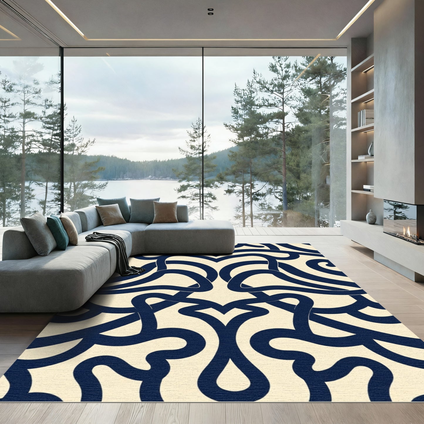 Navy Cream Art Nouveau Swirl Rug