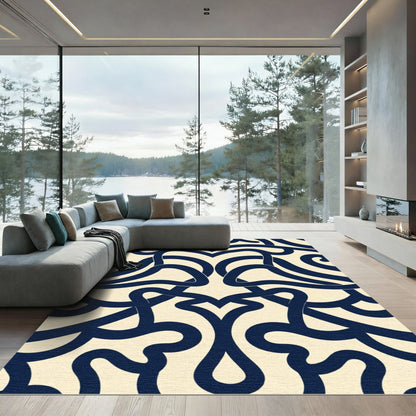 Navy Cream Art Nouveau Swirl Rug