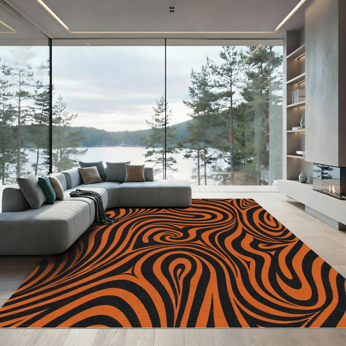 Bold Orange Black Swirl Rug
