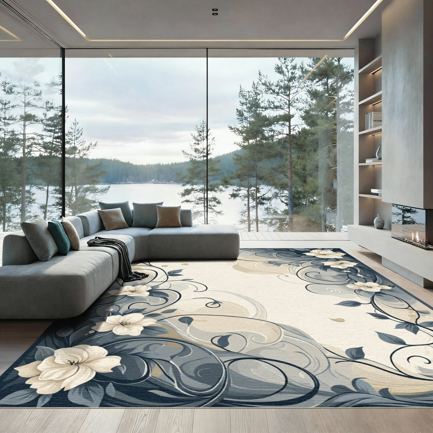 Elegant Cream Floral Vine Scrolling Rug