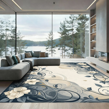 Elegant Cream Floral Vine Scrolling Rug