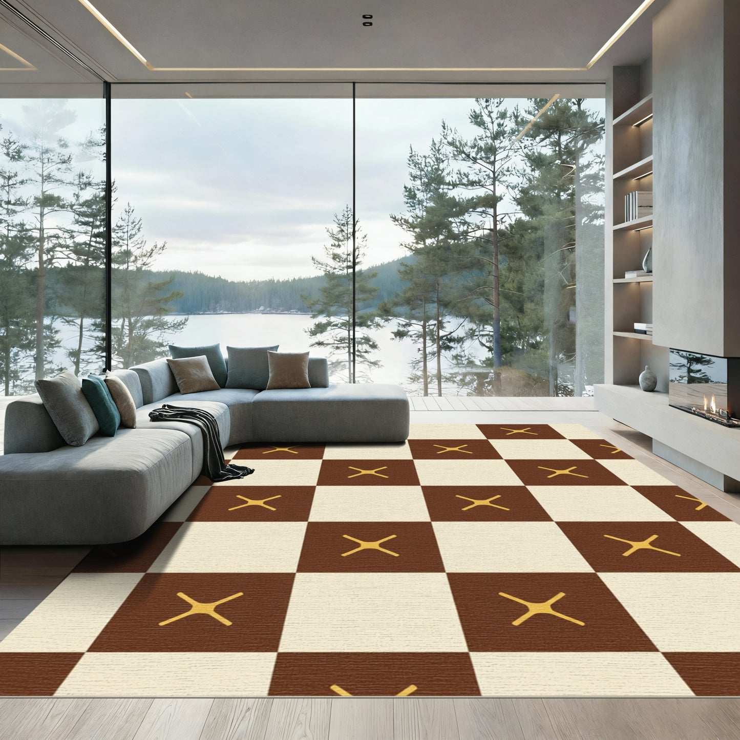 Brown Cream Checkerboard X Rug