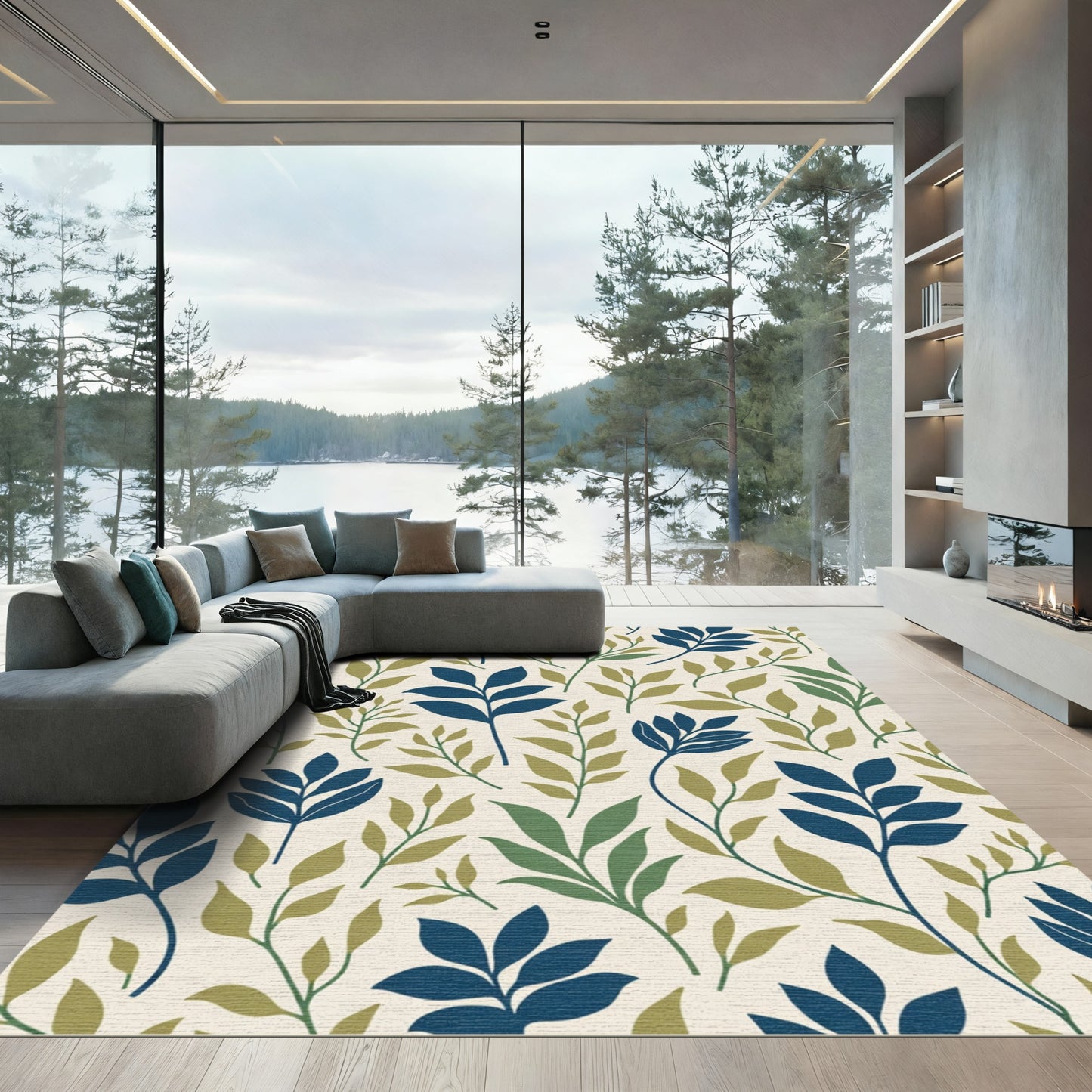 Navy Blue Green Leafy Vine Rug