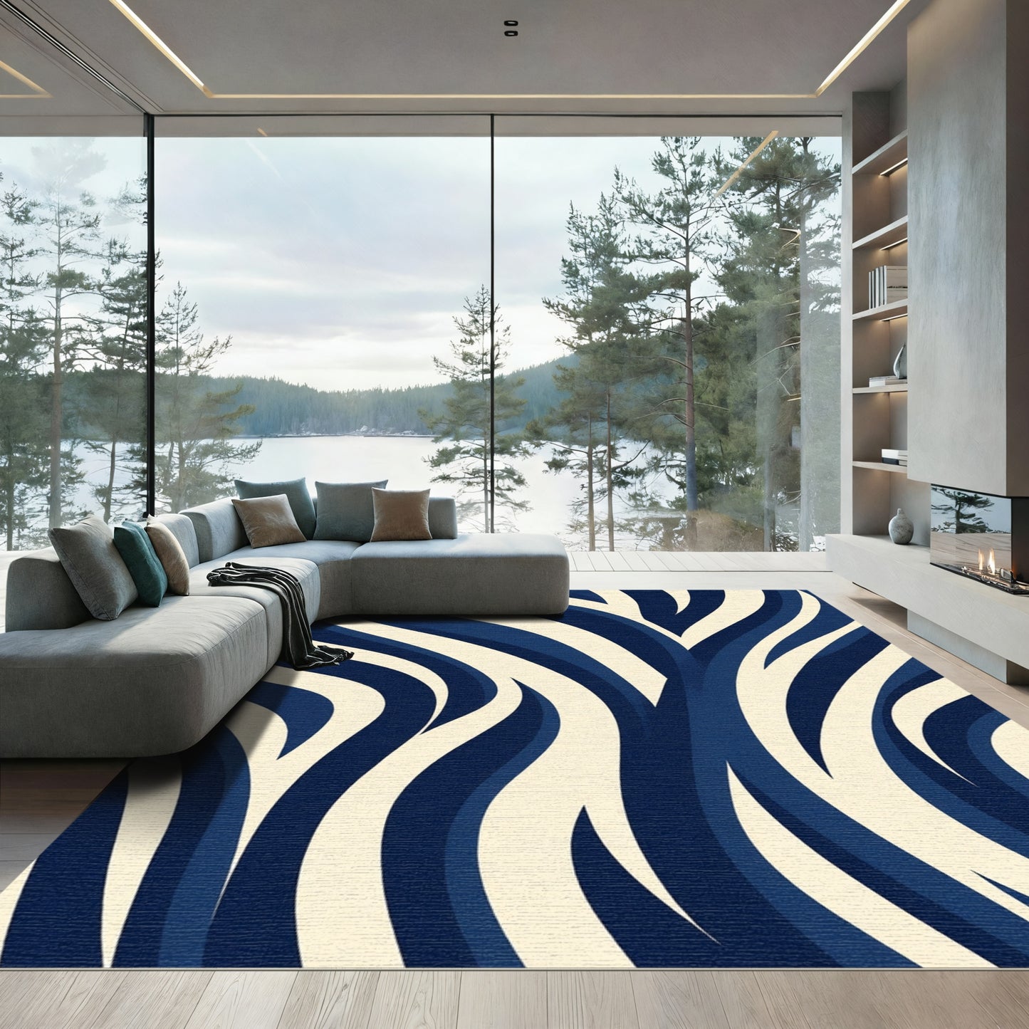 Navy Cream Wavy Stripes Rug