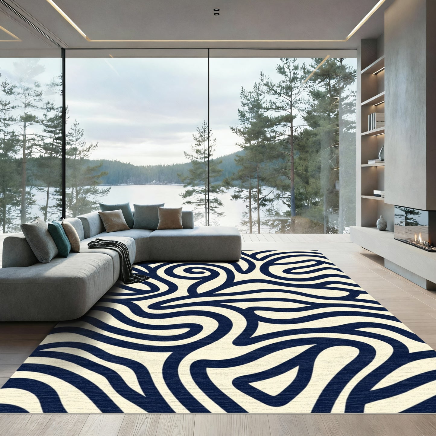 Deep Blue Swirls On Cream Background Rug