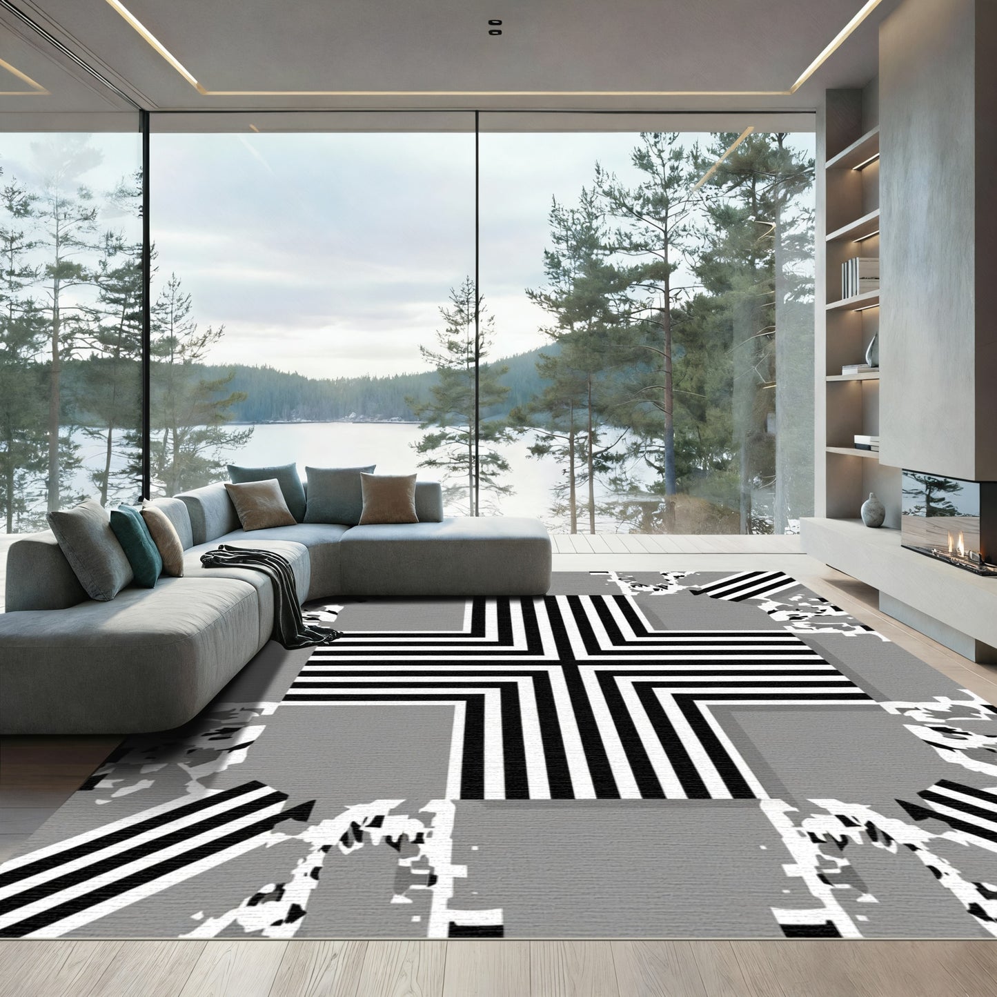 Monochrome Geometric Corner Squares Rug