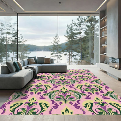 Pink Purple Green Floral Damask Rug