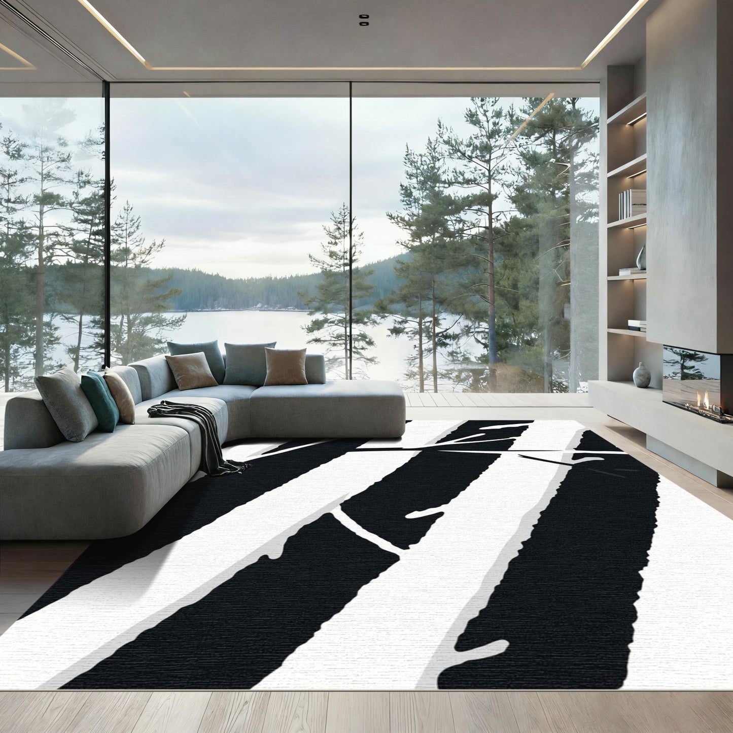 Black White Diagonal Stripe Branches Rug