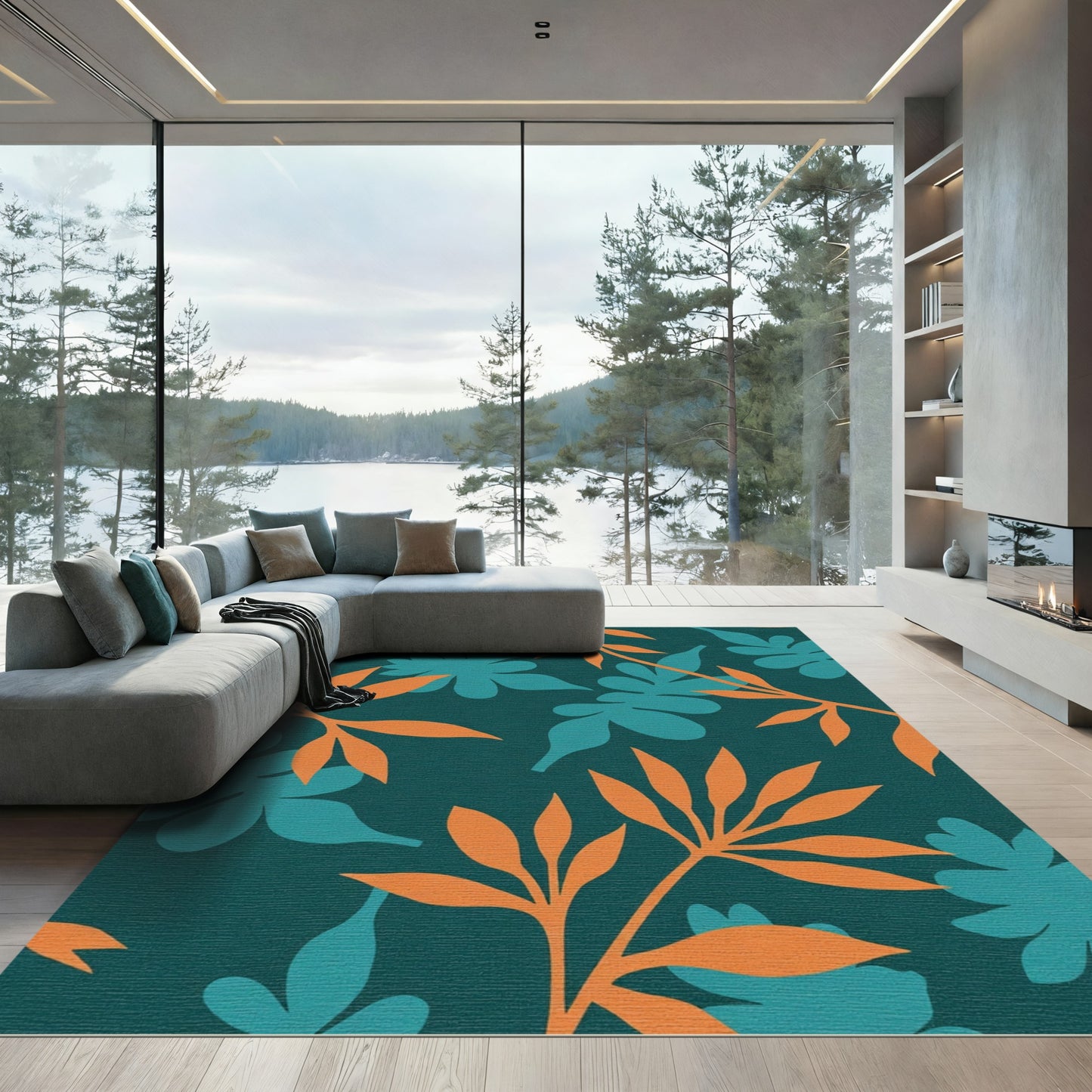 Orange Teal Tropical Leaf Foliage Rug
