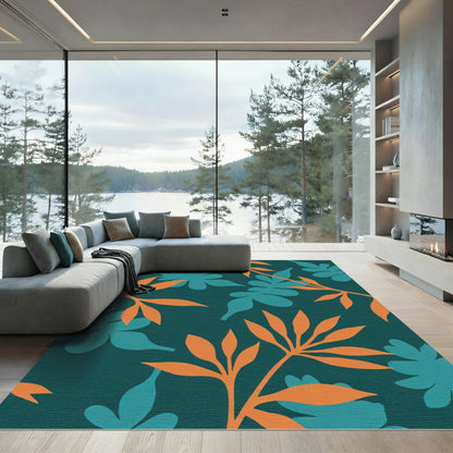 Orange Teal Tropical Leaf Foliage Rug