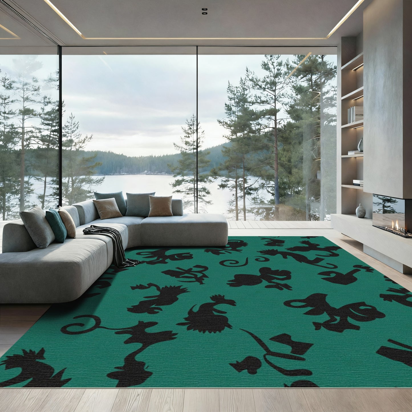 Teal Black Whimsical Creature Swirl Rug