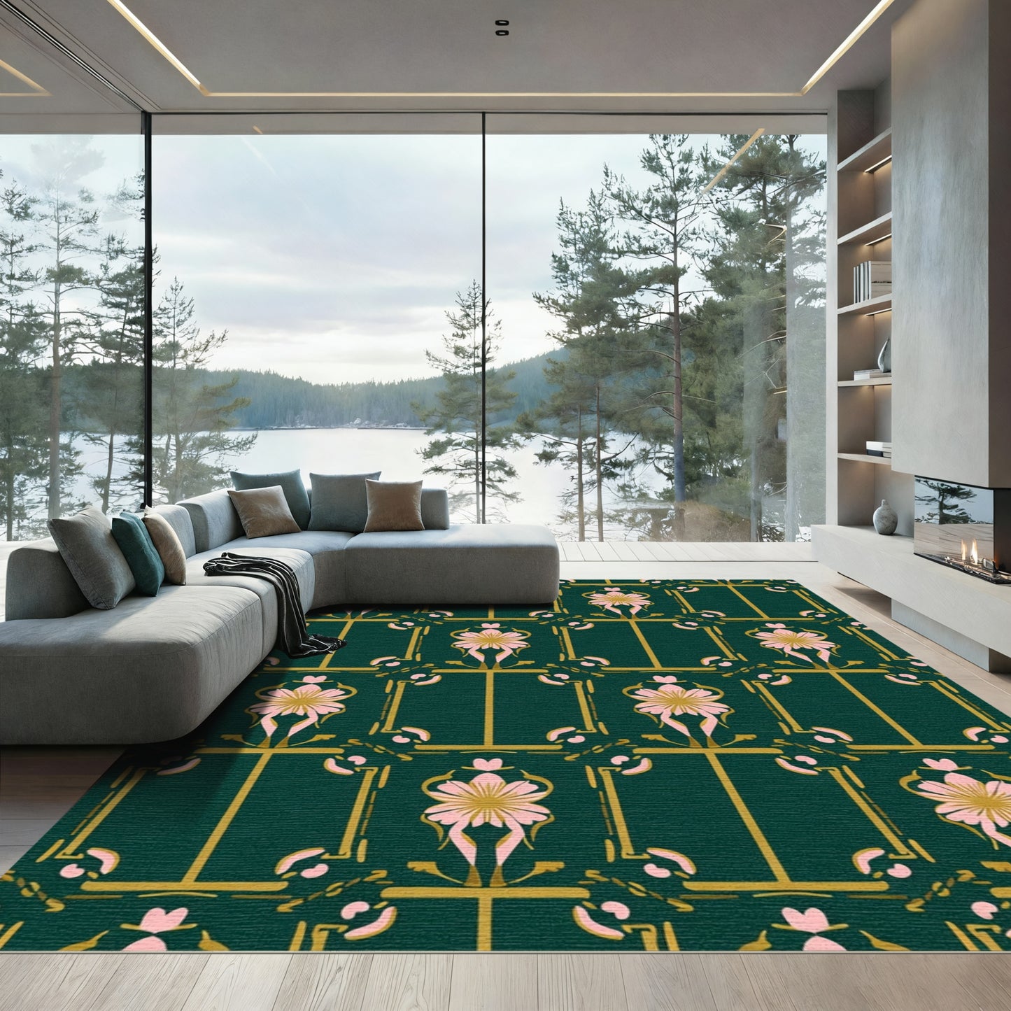 Art Deco Emerald Pink Floral Gate Rug
