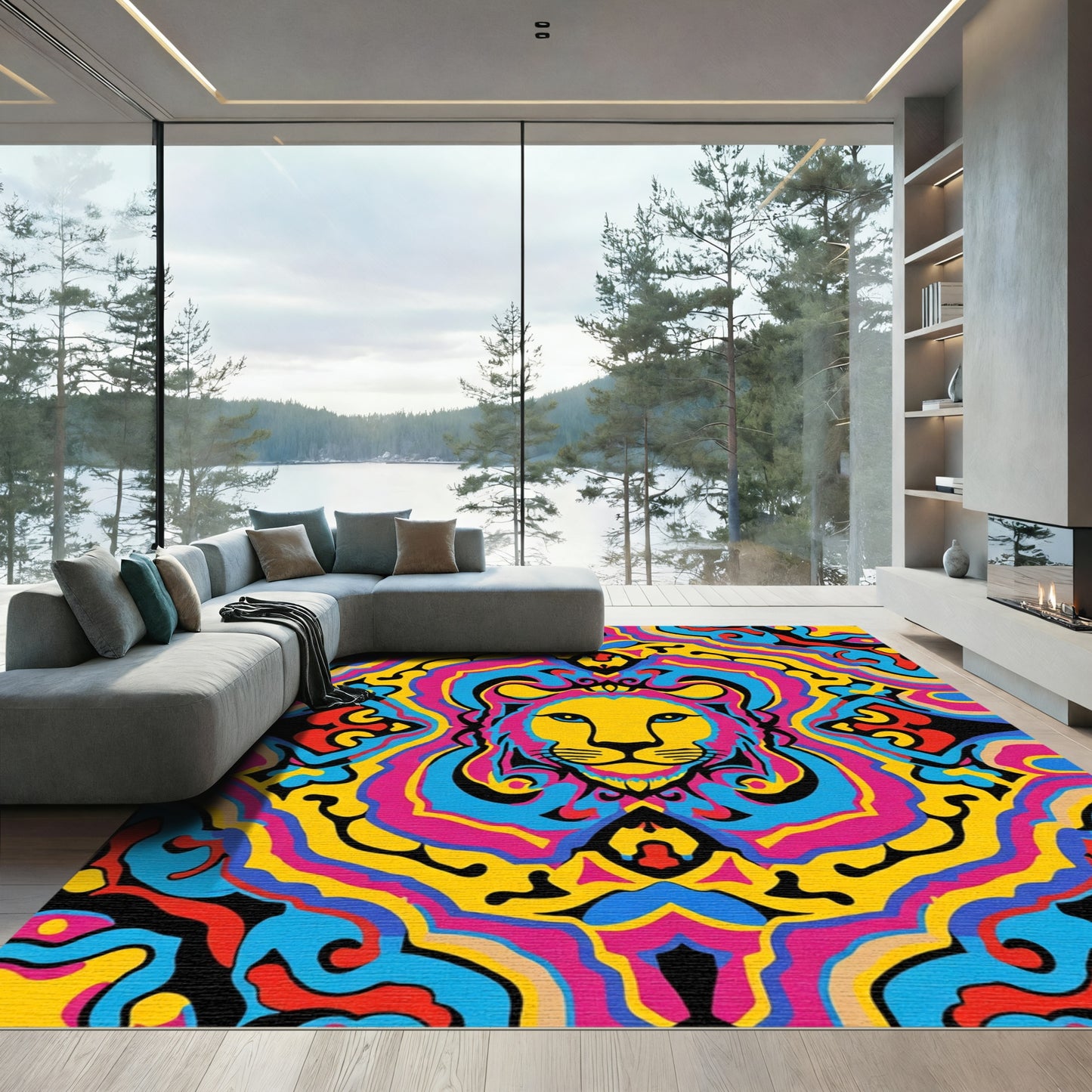 Vibrant Psychedelic Lion Medallion Rug