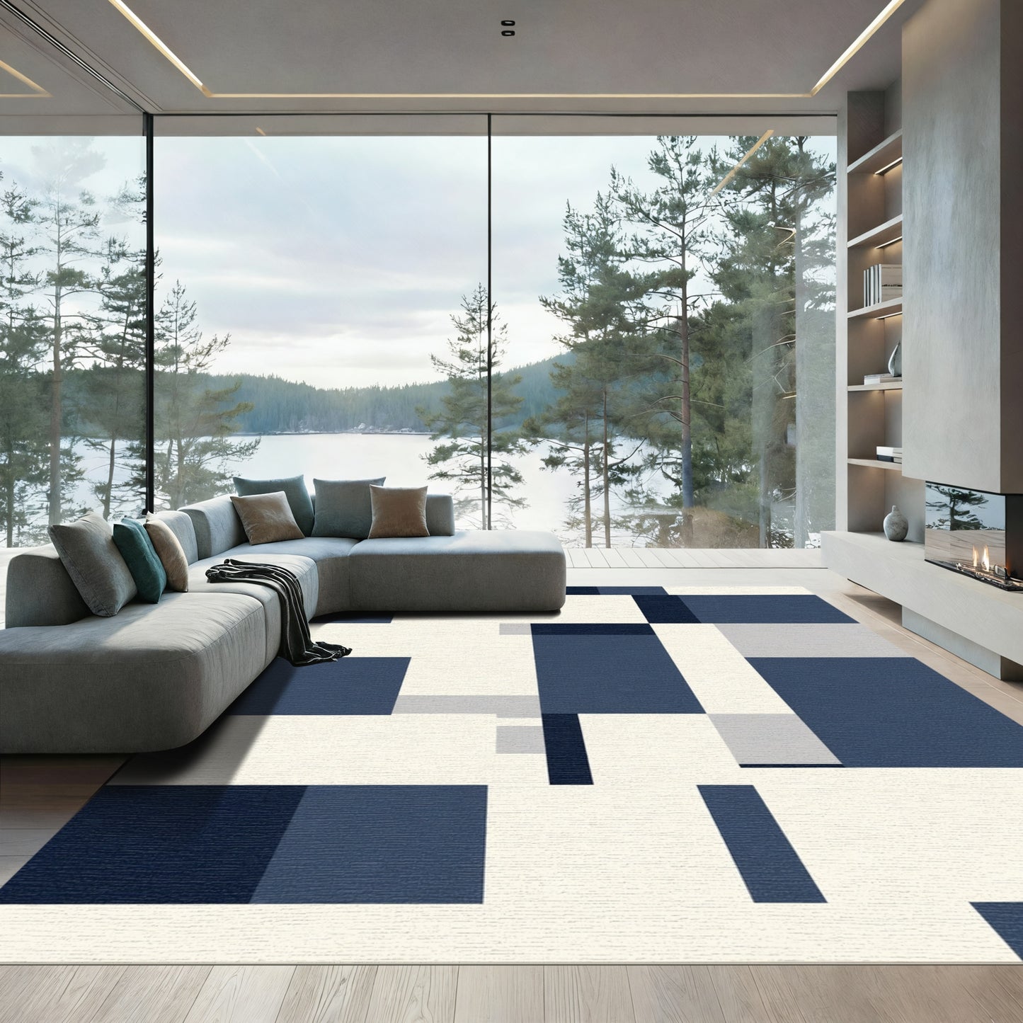 Navy Blue Geometric Abstract Blocks Rug