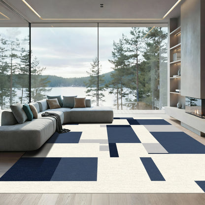 Navy Blue Geometric Abstract Blocks Rug