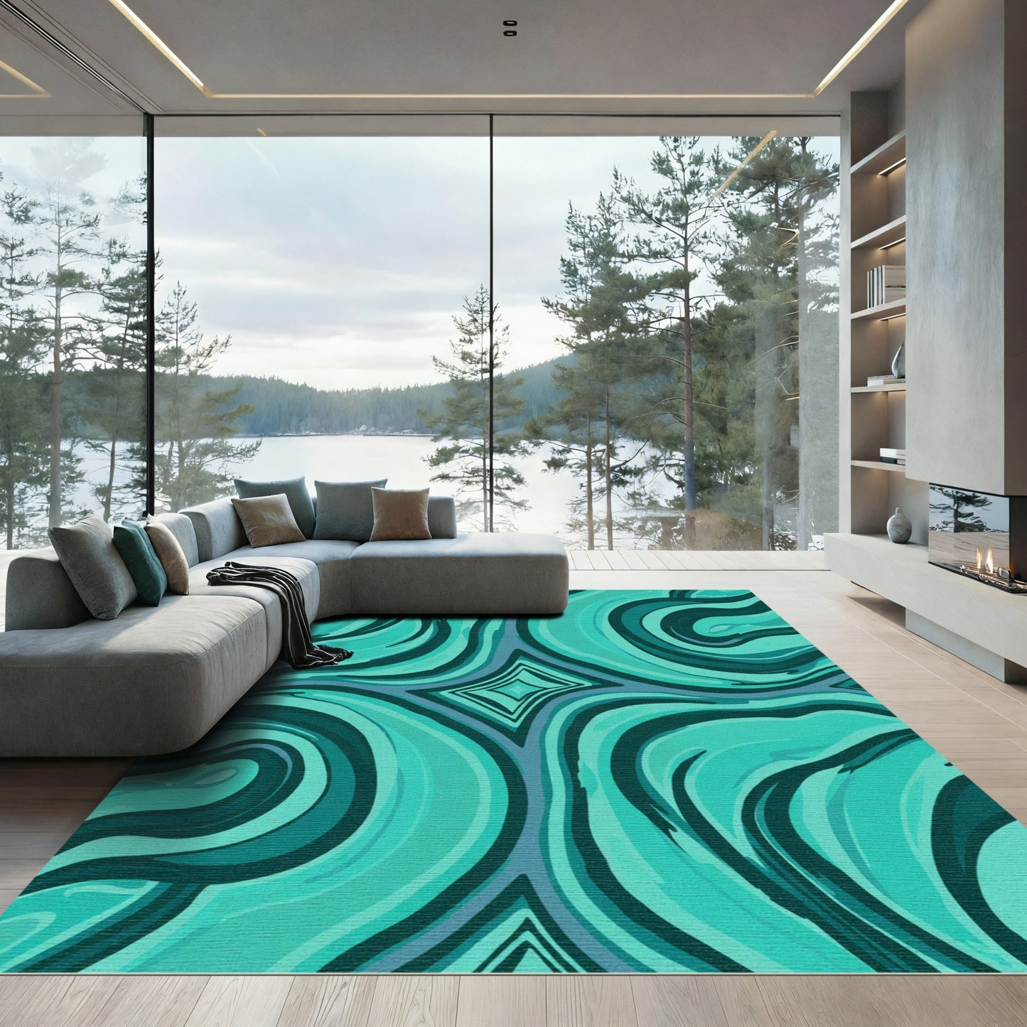 Turquoise Swirl Diamond Abstract Rug