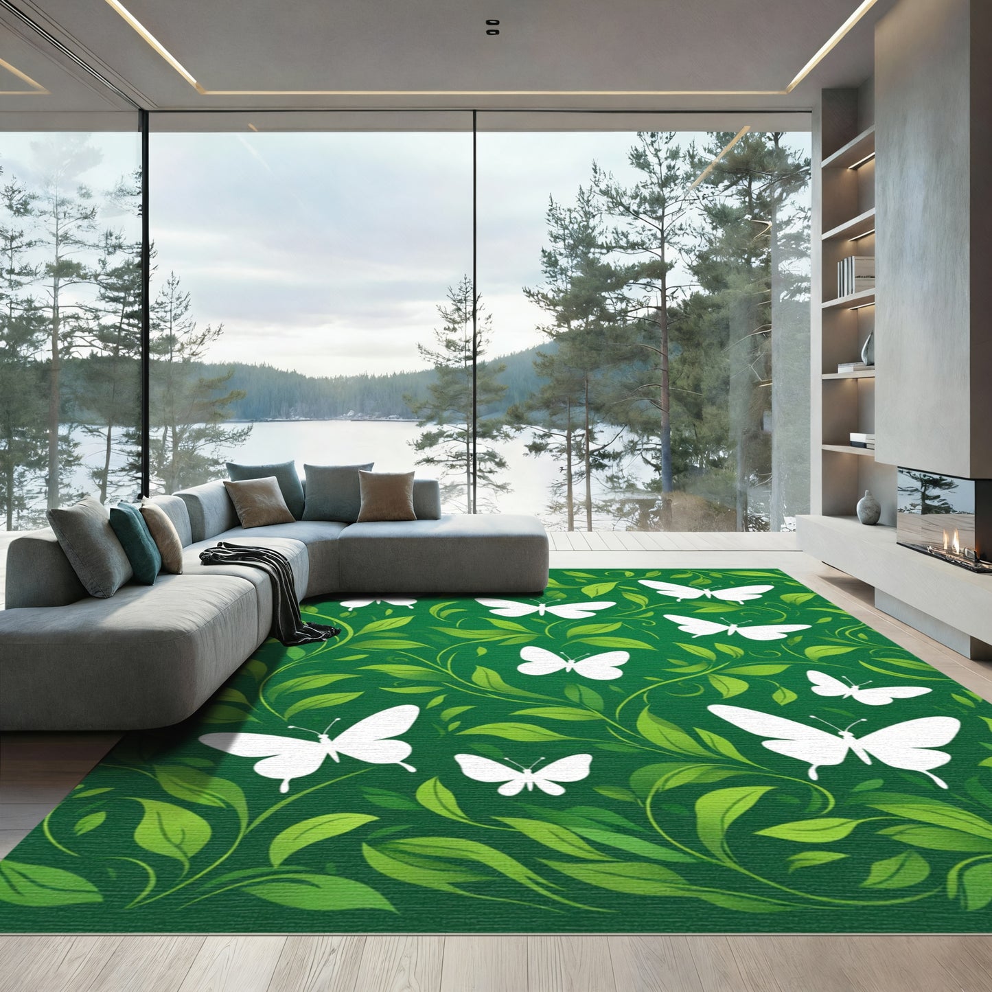 White Butterflies Lush Greenery Swirls Rug