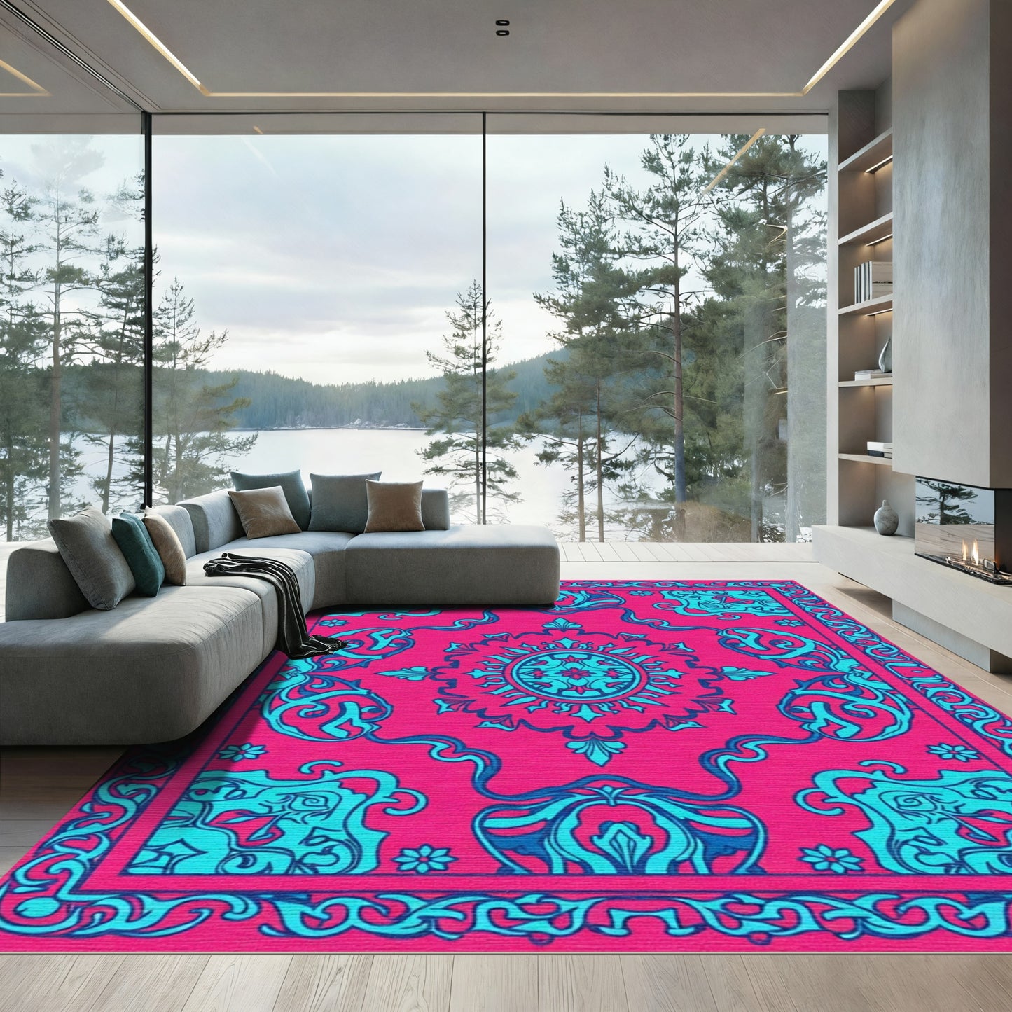 Hot Pink Teal Medallion Scroll Rug