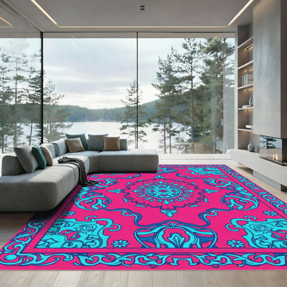 Hot Pink Teal Medallion Scroll Rug