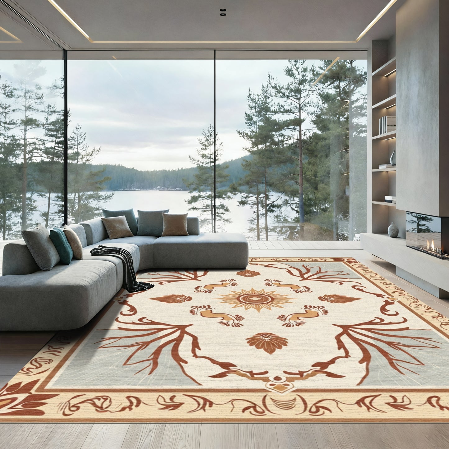 Earthy Sunburst Branch Motif Rug