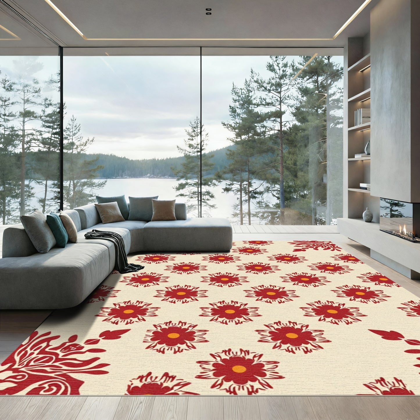 Crimson Floral Medallion Cream Background Rug