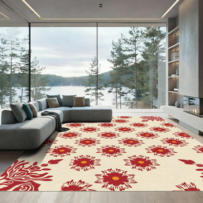 Crimson Floral Medallion Cream Background Rug