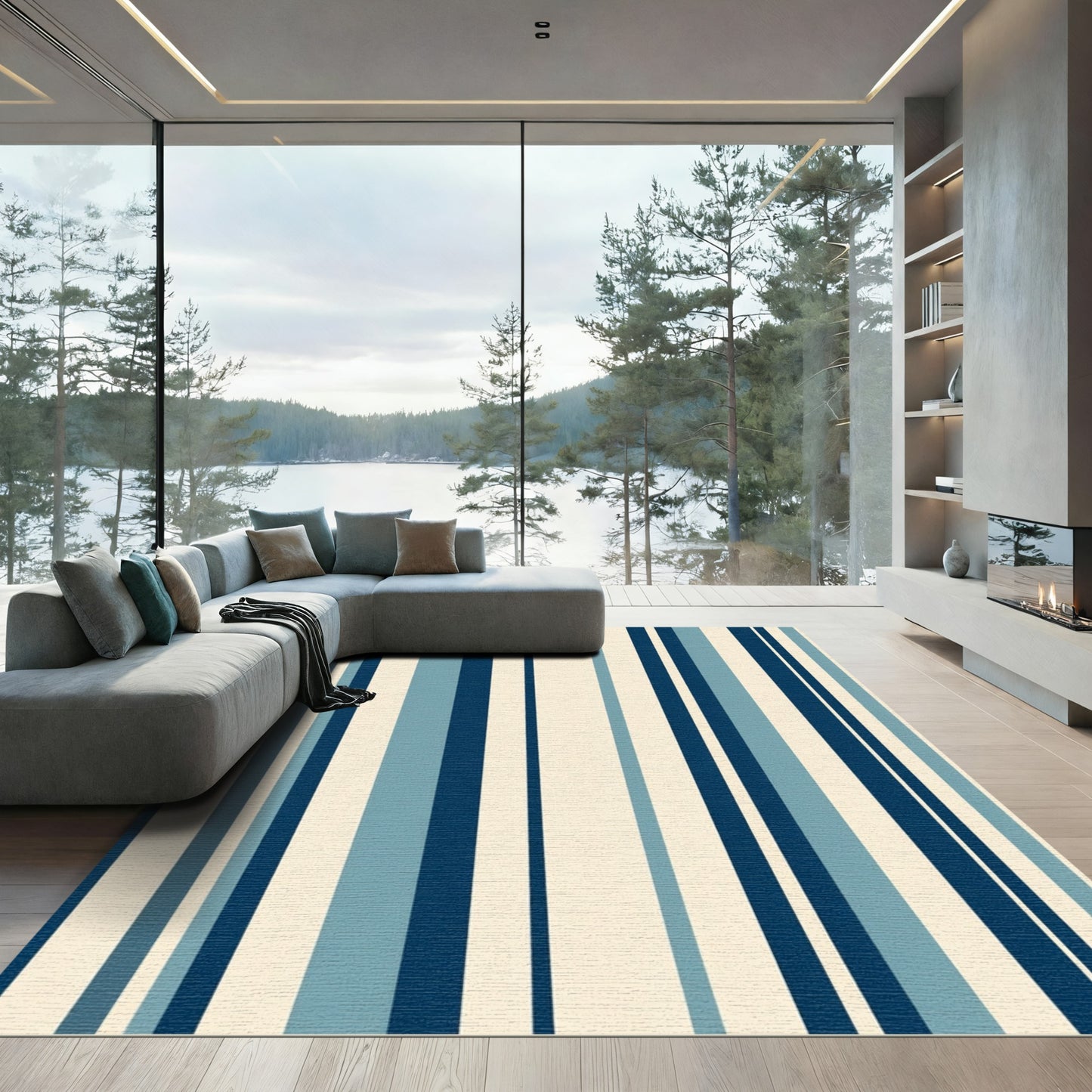 Naval Blue Cream Vertical Stripe Rug