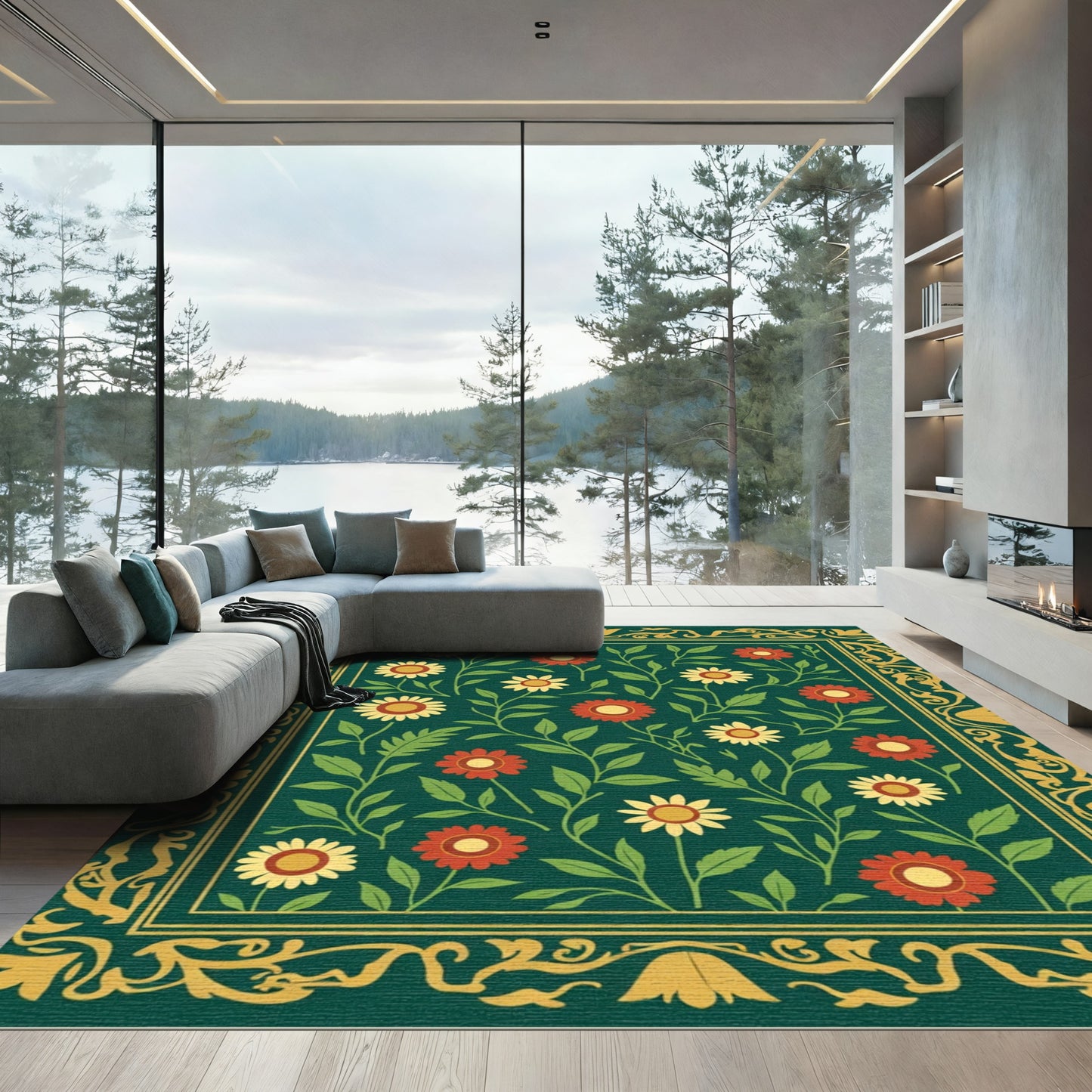 Dark Teal Floral Scroll Garden Rug
