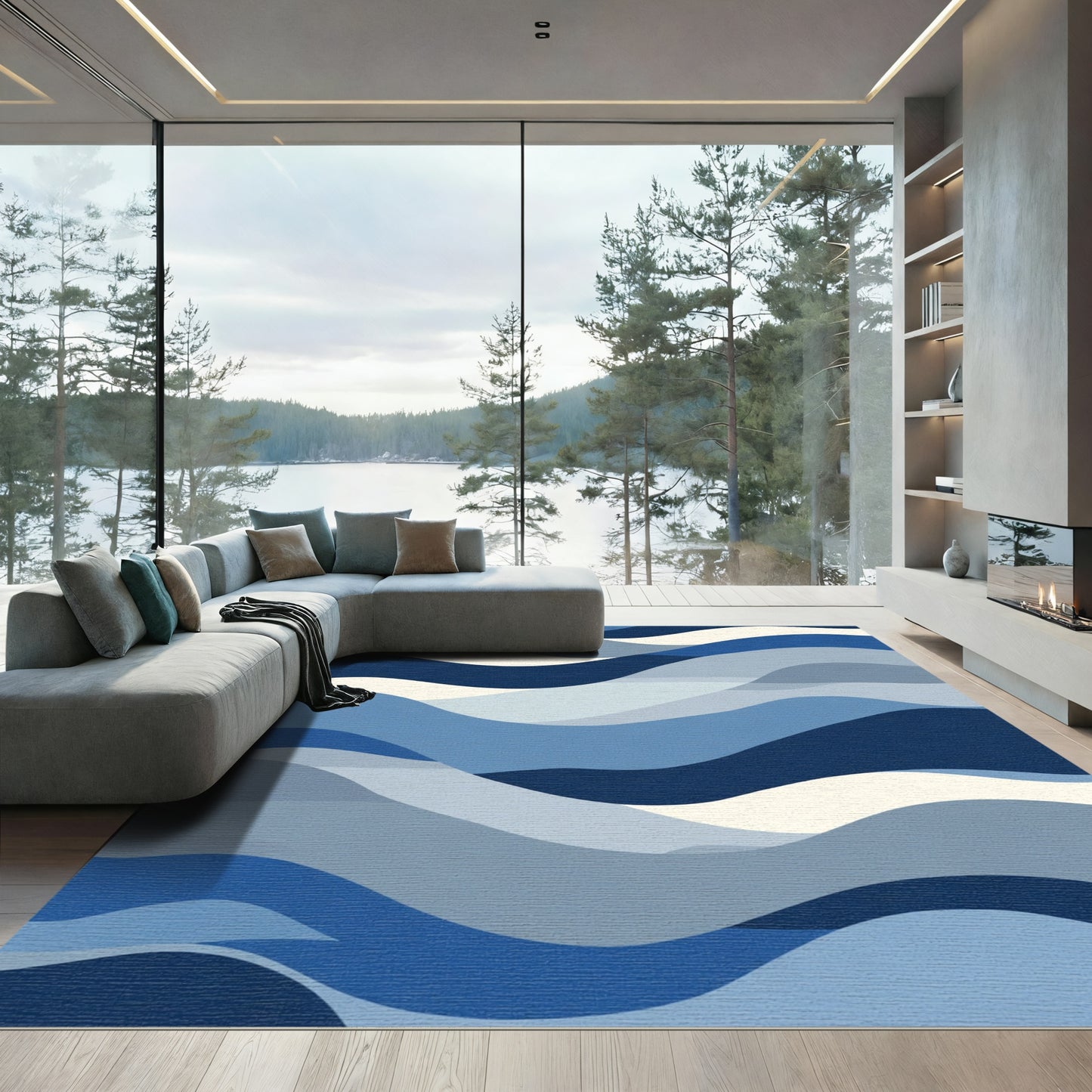 Abstract Blue Wave Layered Landscape Rug