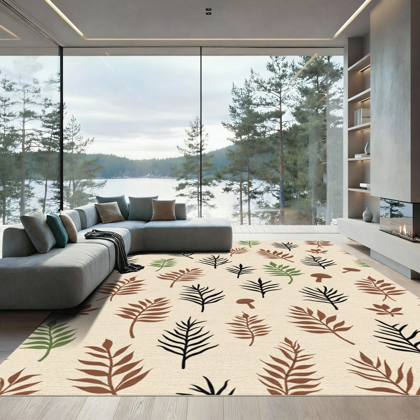 Earthy Fern and Mushroom Collage Rug