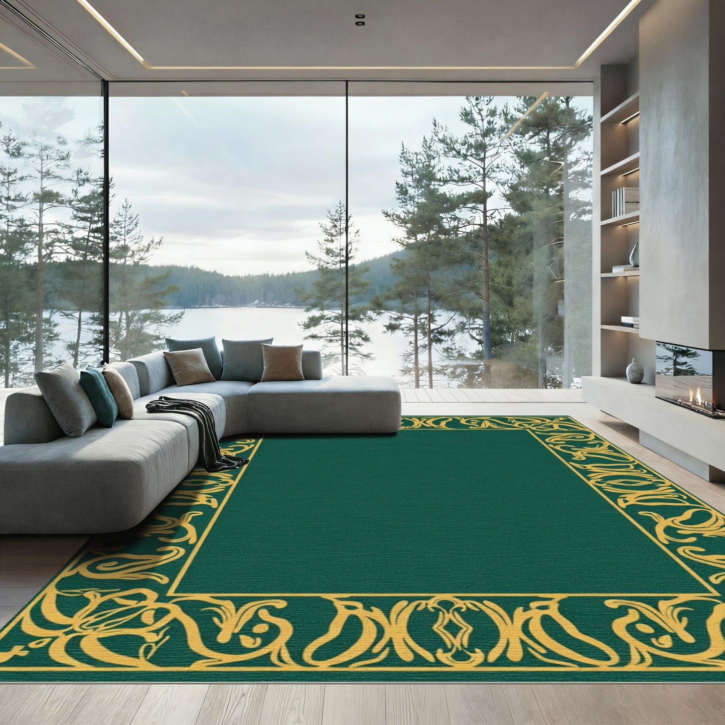 Emerald Gold Art Nouveau Border Rug