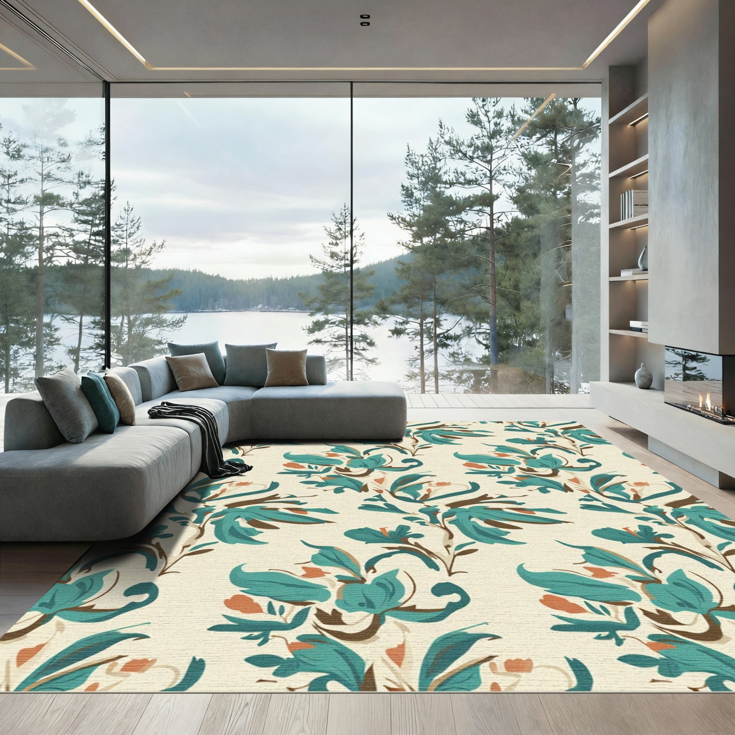 Turquoise Floral Vine Cream Rug