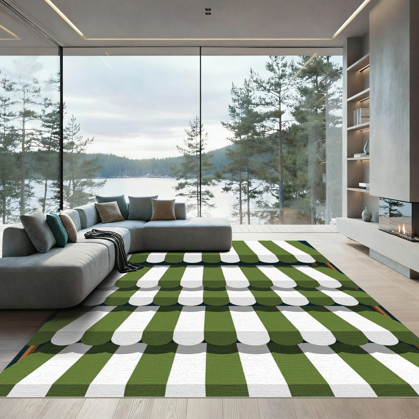 Green White Stripe Awning Rug