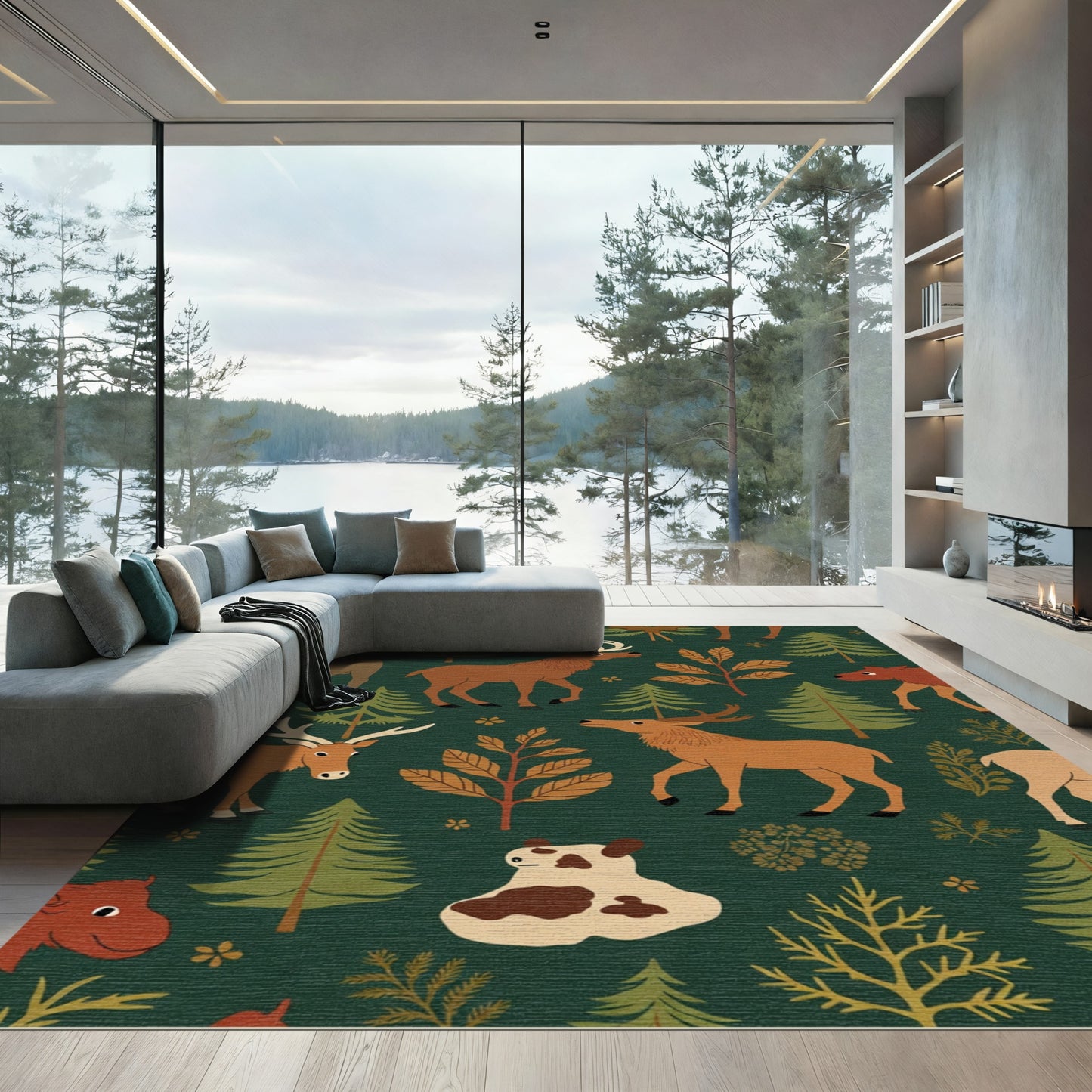 Woodland Animals Forest Green Creatures Rug